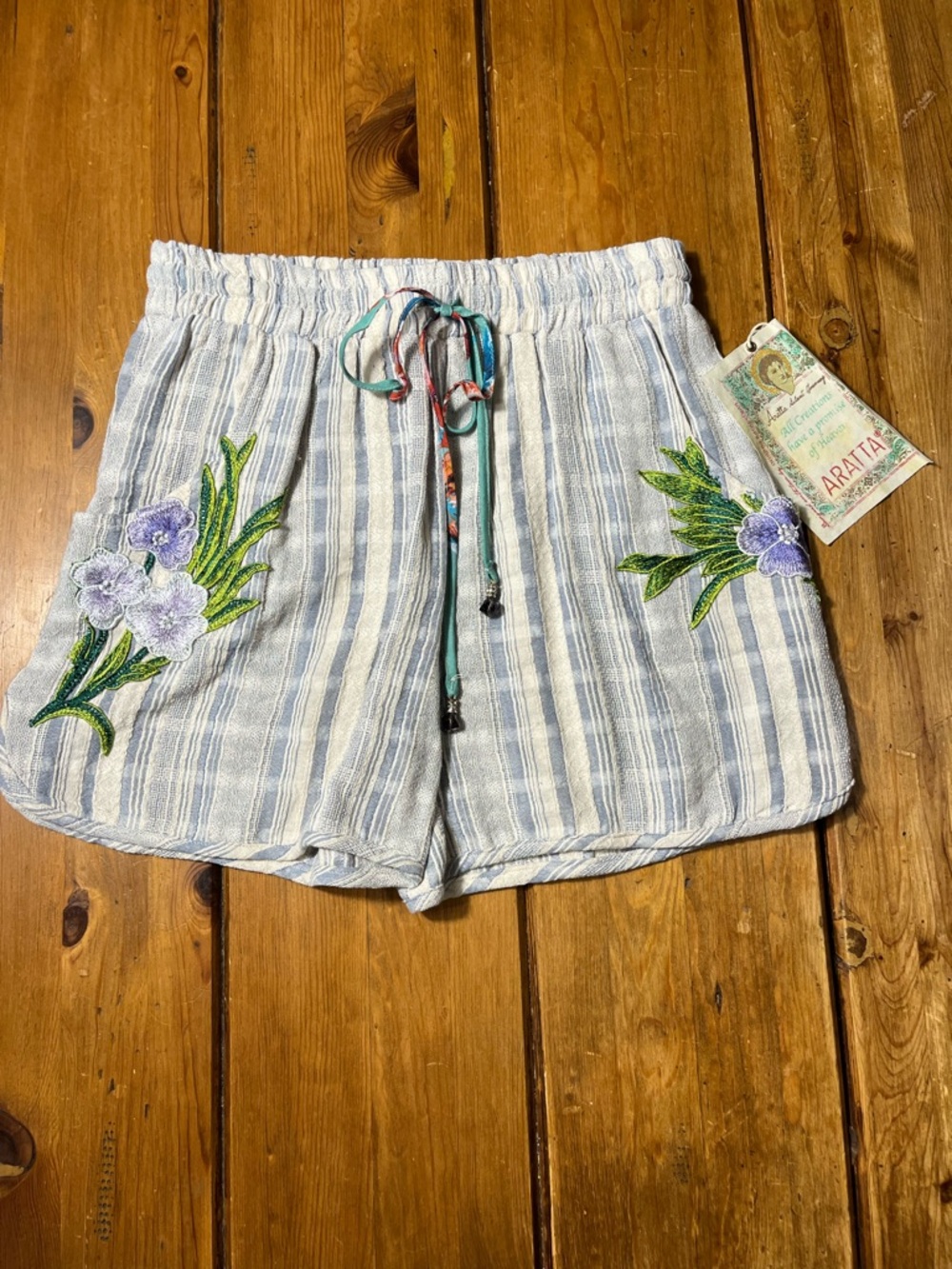 Aratta Blue and White Striped Floral Embroidered Women's Cotton Shorts NWT